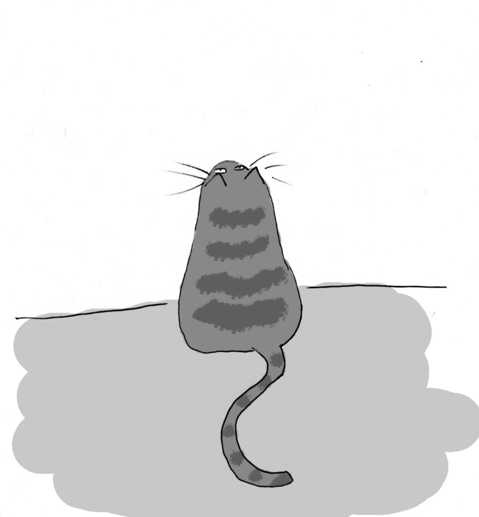 A cartoon of a stripy cat staring at a wall.