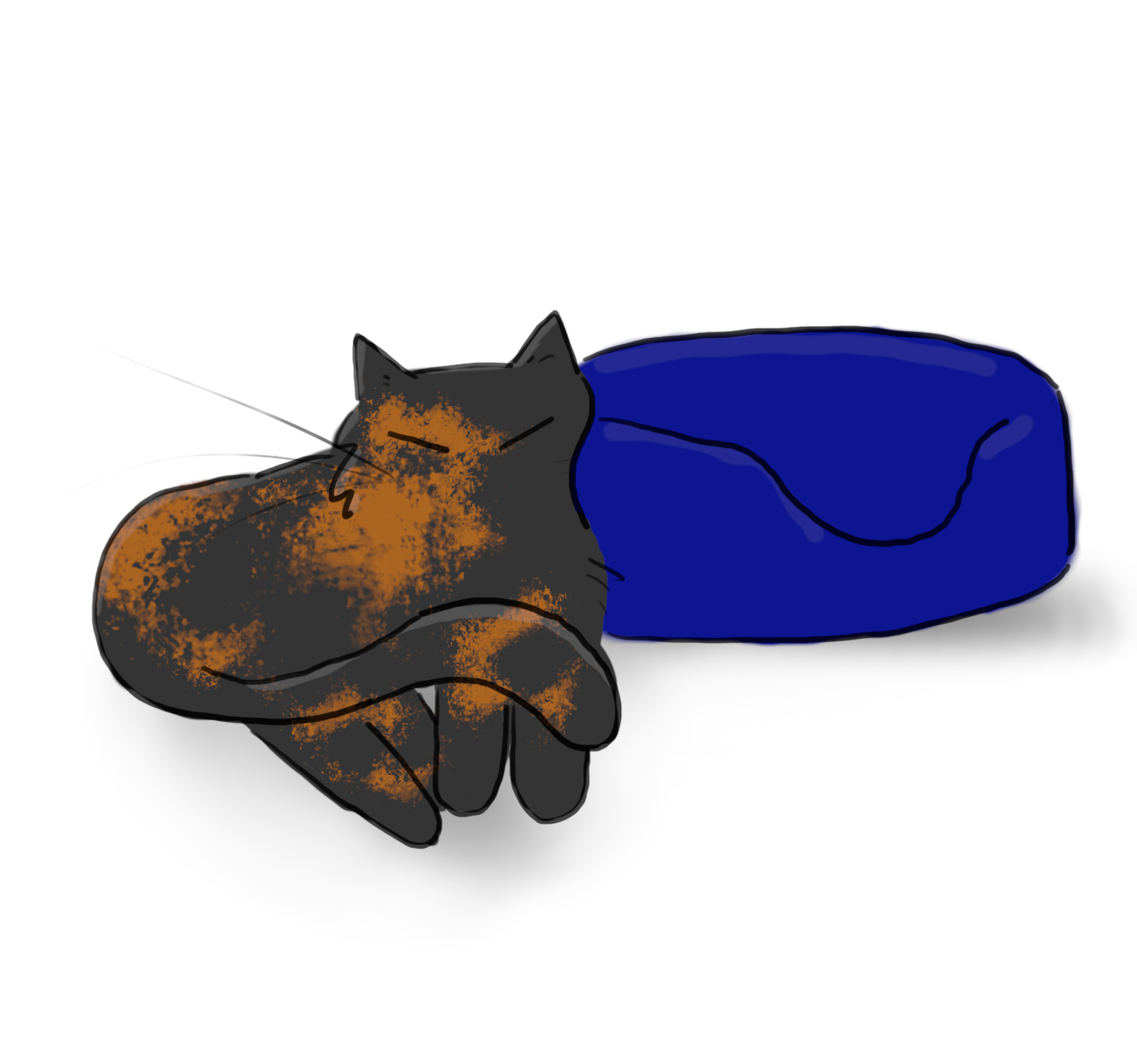 A cartoon of a tortoiseshell cat sleeping with her head resting on a cat bed.
