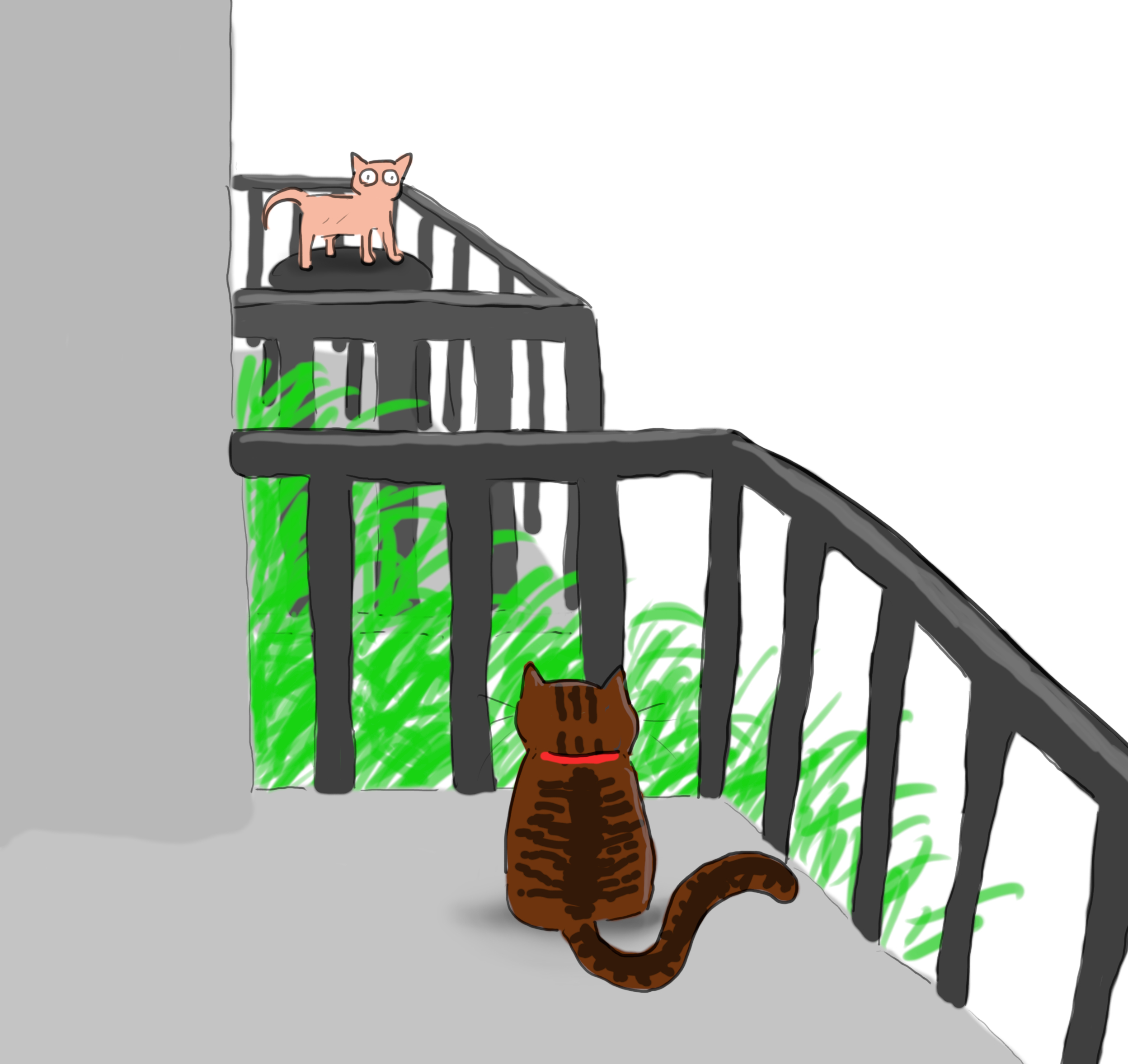 A cartoon of a tabby cat with a red collar sitting on a balcony staring out at a sphinx cat standing on the furniture of the neighbouring balcony.