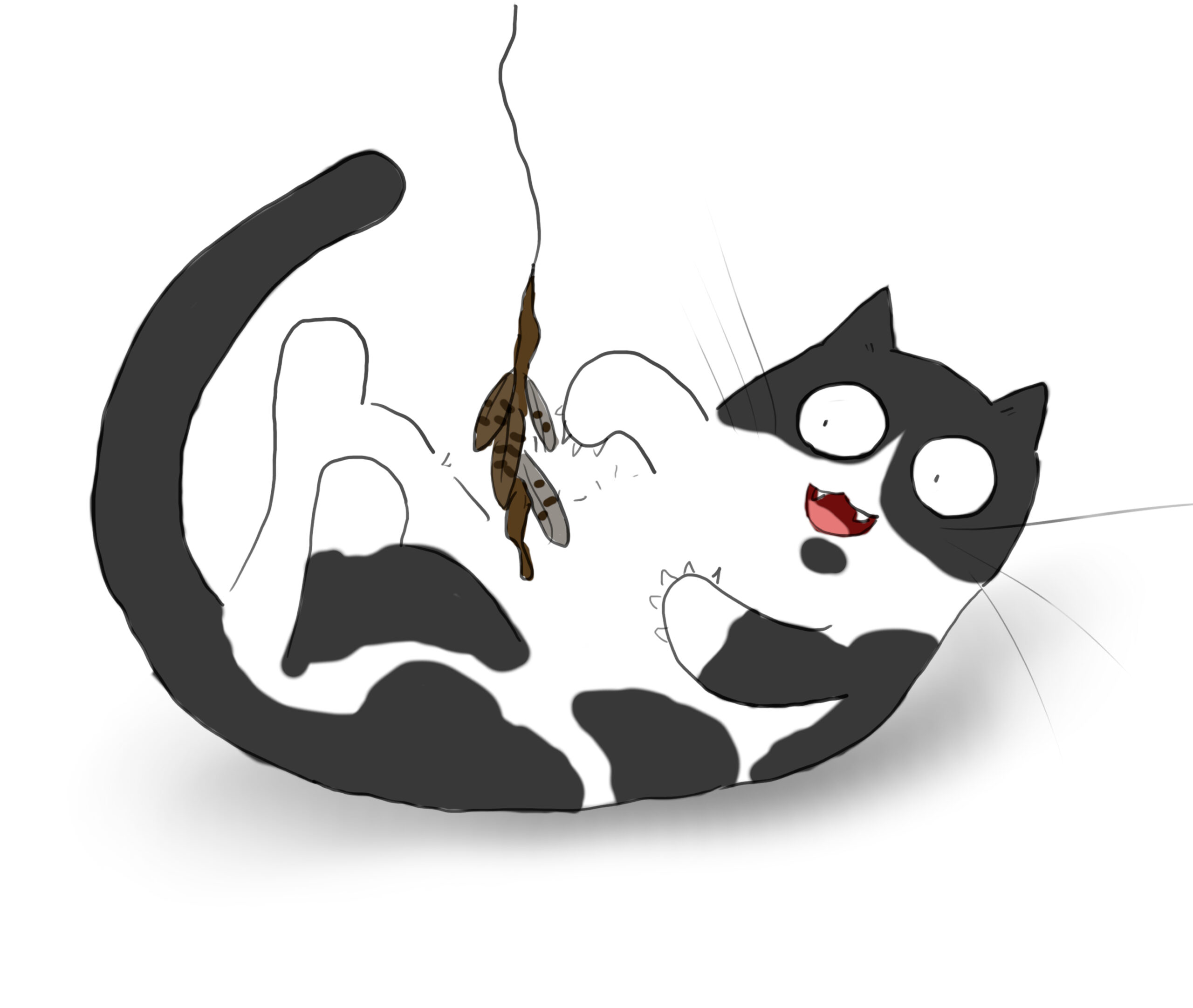 A cartoon of a black and white cat playing with a tattered feathery toy.