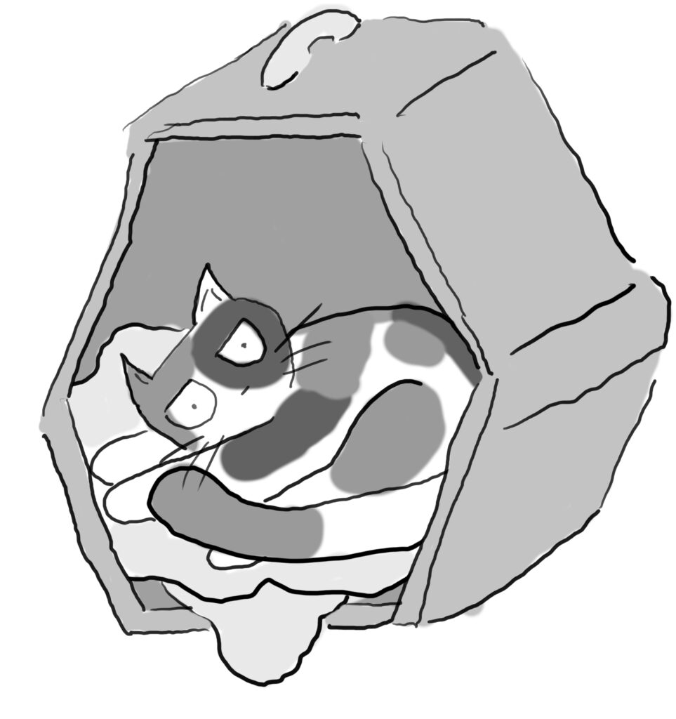 A cartoon of a tricolour cat sitting grumpily in a cat carrier.