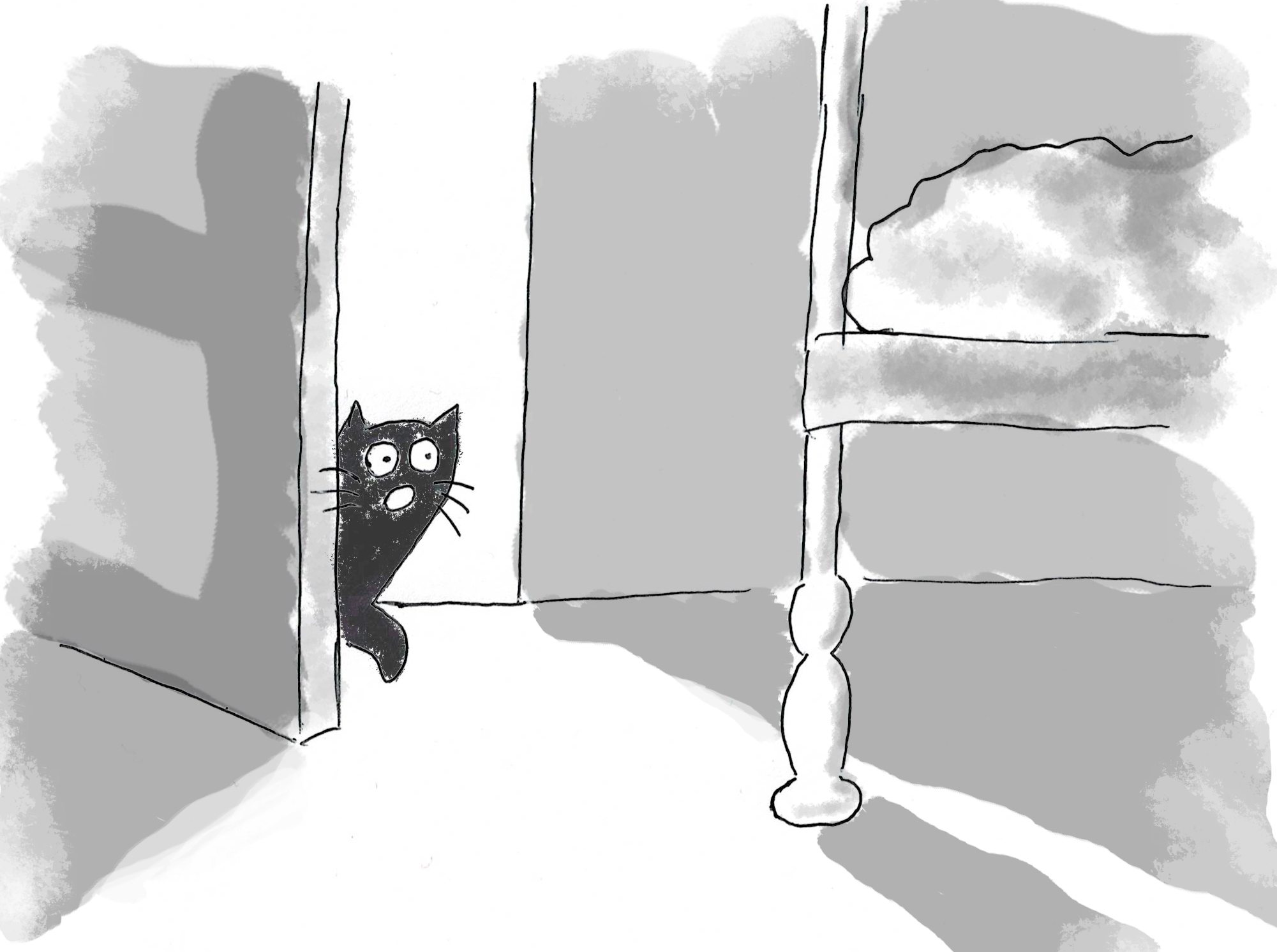 A cartoon of a black cat meowing as he enters a dark bedroom.