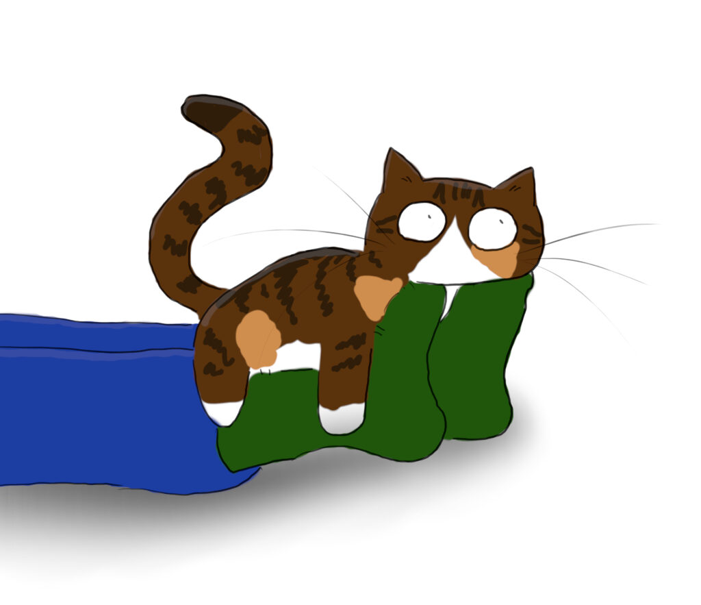 A cartoon of a tabby and white cat resting on the feet of someone lying down, wearing green socks.