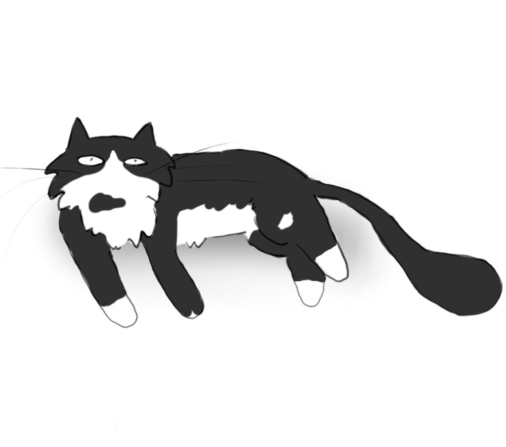A cartoon of a sleepy black and white cat.