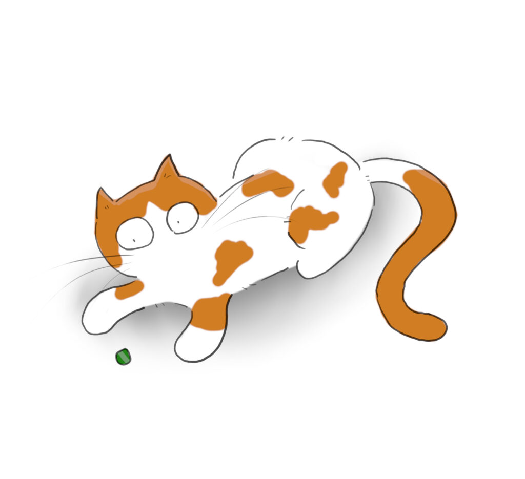 A cartoon of an orange and white cat playing with a little green guitar pick.