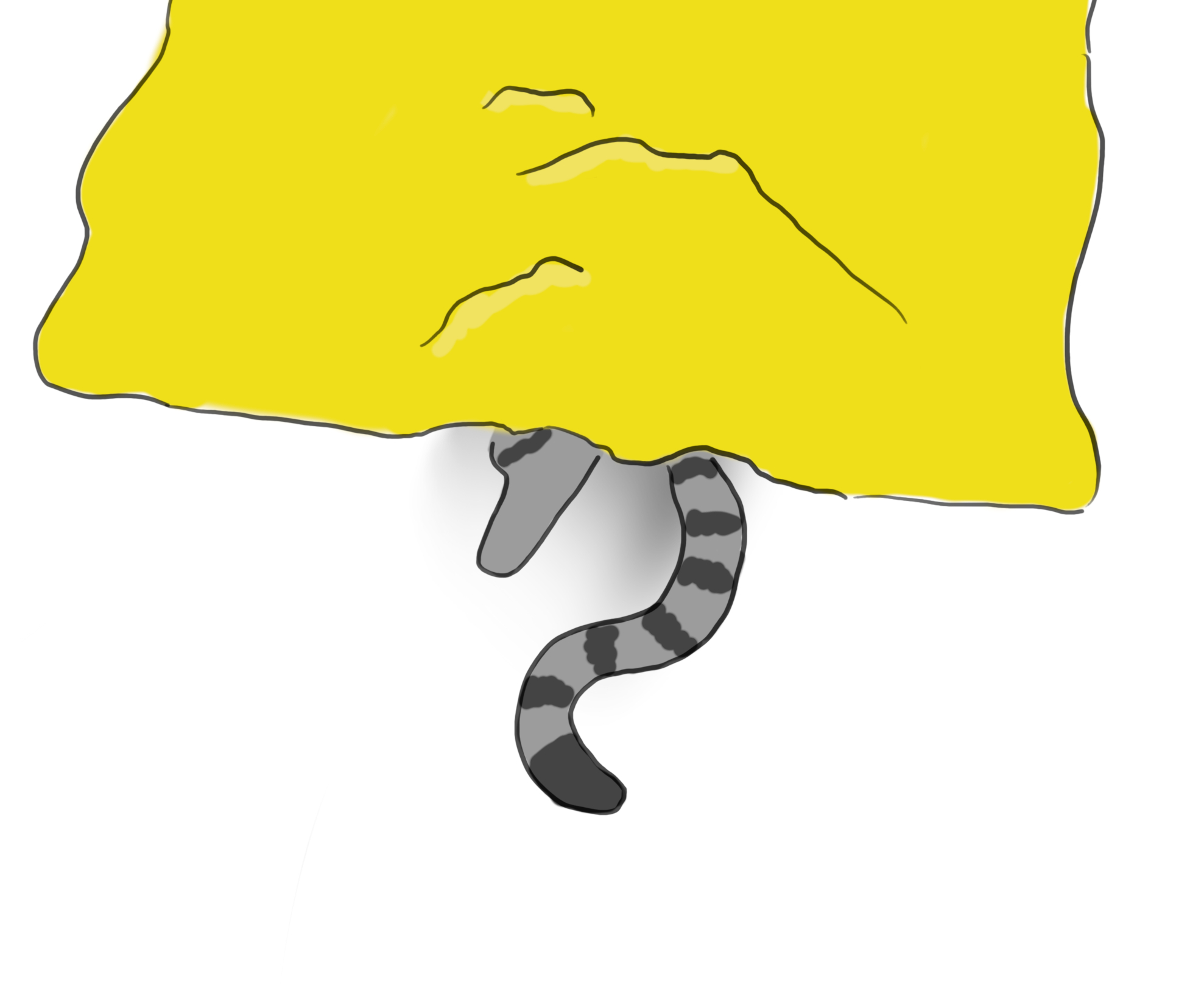 A cartoon of a silver tabby cat hiding under a yellow blanket.