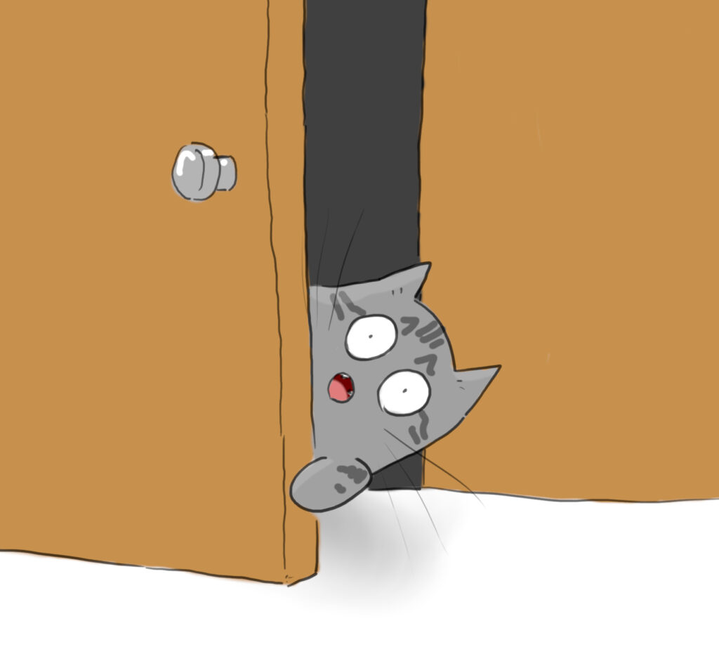 A cartoon of a silver tabby cat meowing and sticking their head out of a cupboard.