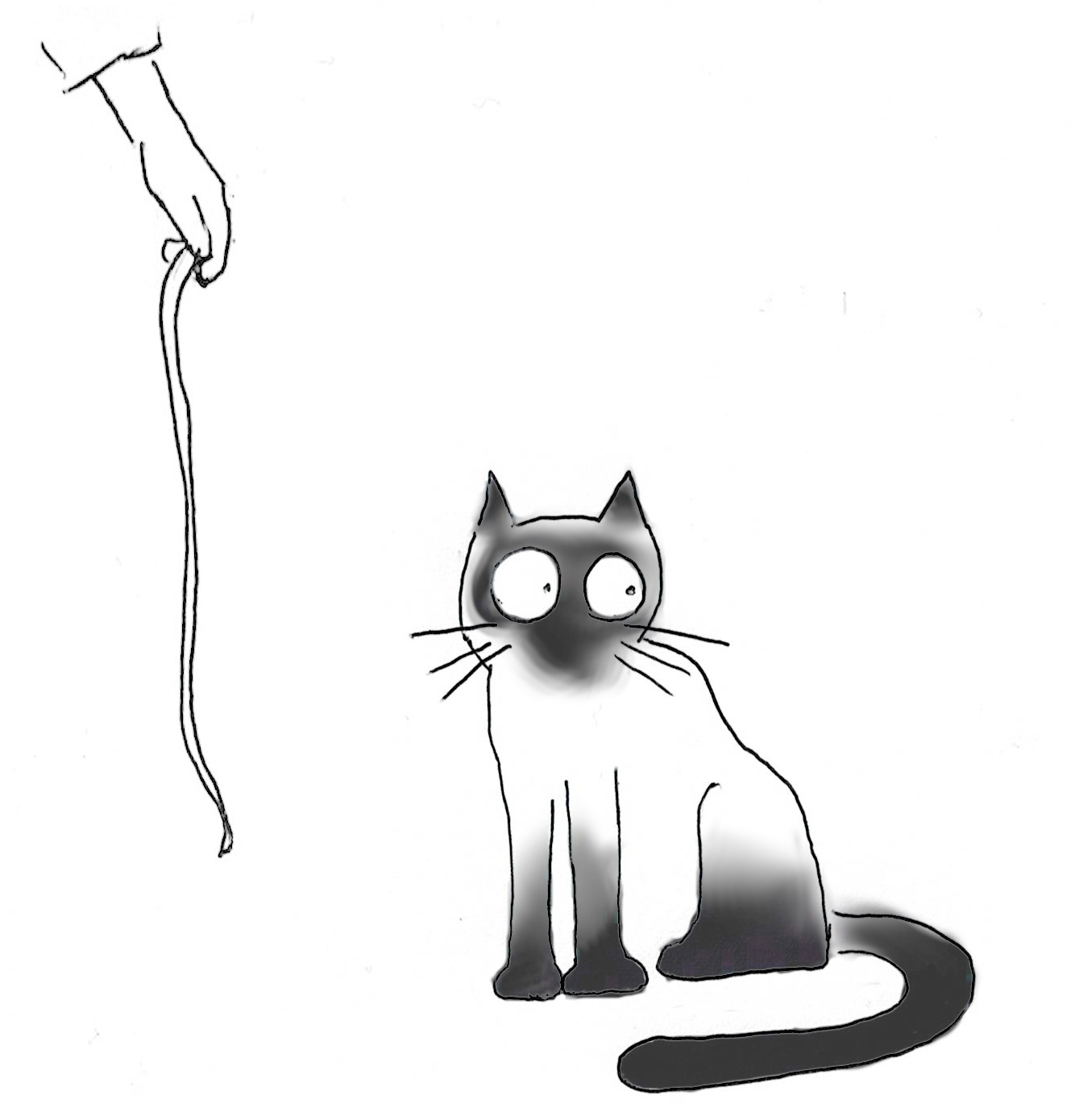A cartoon of a siamese cat ignoring someone holding a string nearby.