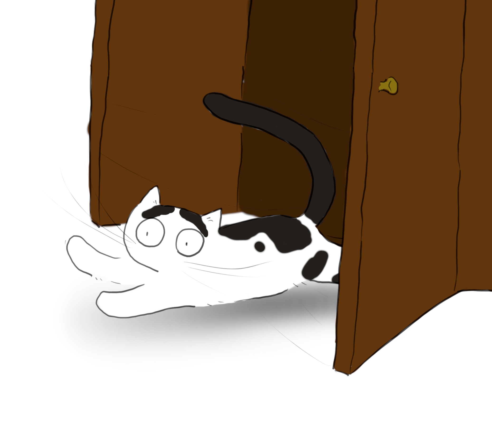 A cartoon of a black and white cat bursting out of a closet.