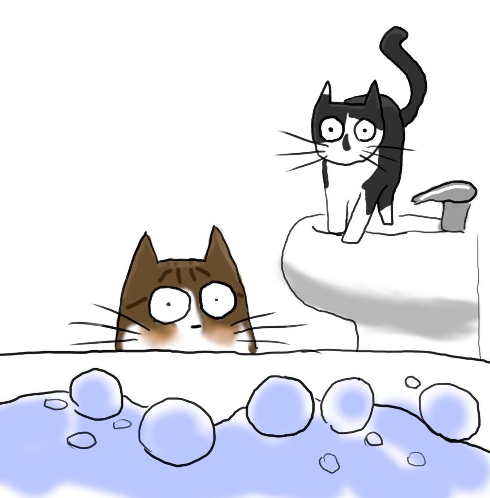 Lulla_and_Tulla A cartoon of a black and white cat on a sink, and a tabby cat sticking its head over the edge of a bath, both watching bubbles from a bubble bath.