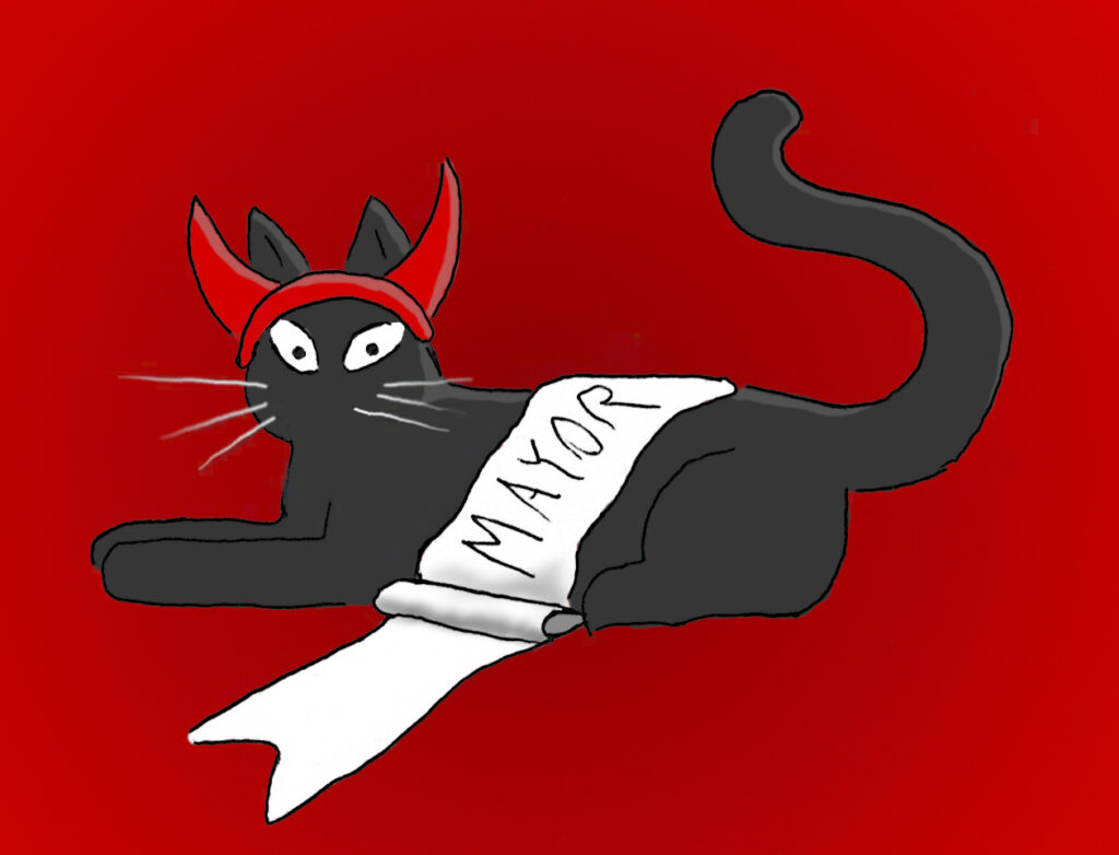 A cartoon of a black cat wearing devil horns and major sash.