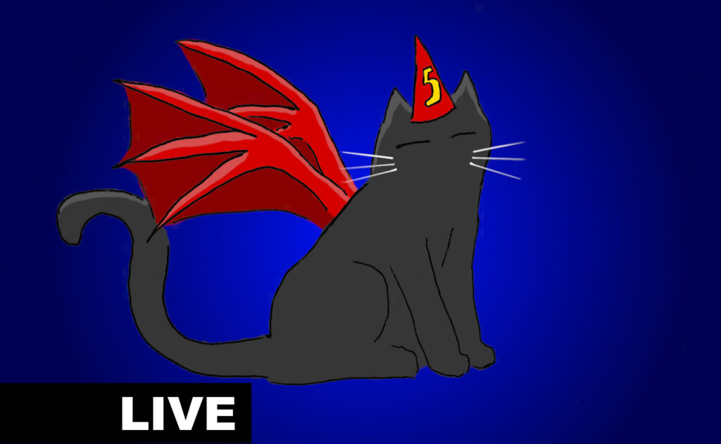A cartoon of a black cat wearing devil wings and a party hat.