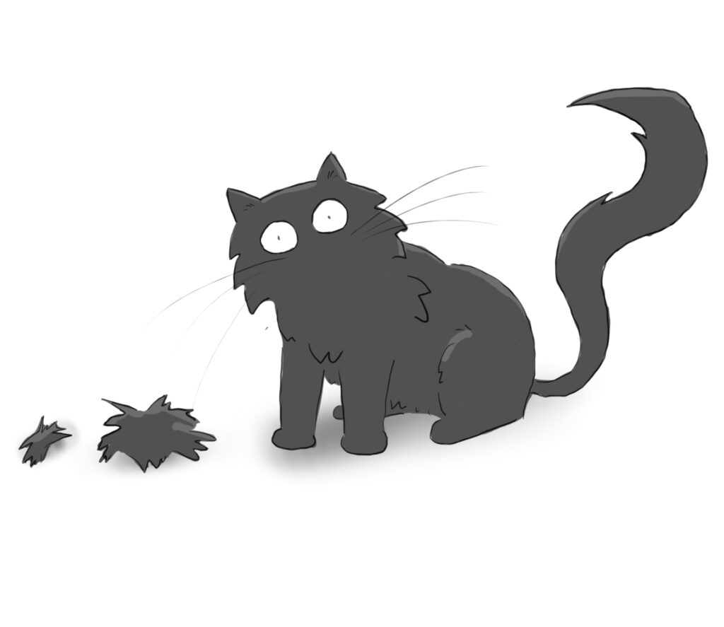 A cartoon of a very fluffy black cat next to big balls of more black fur.