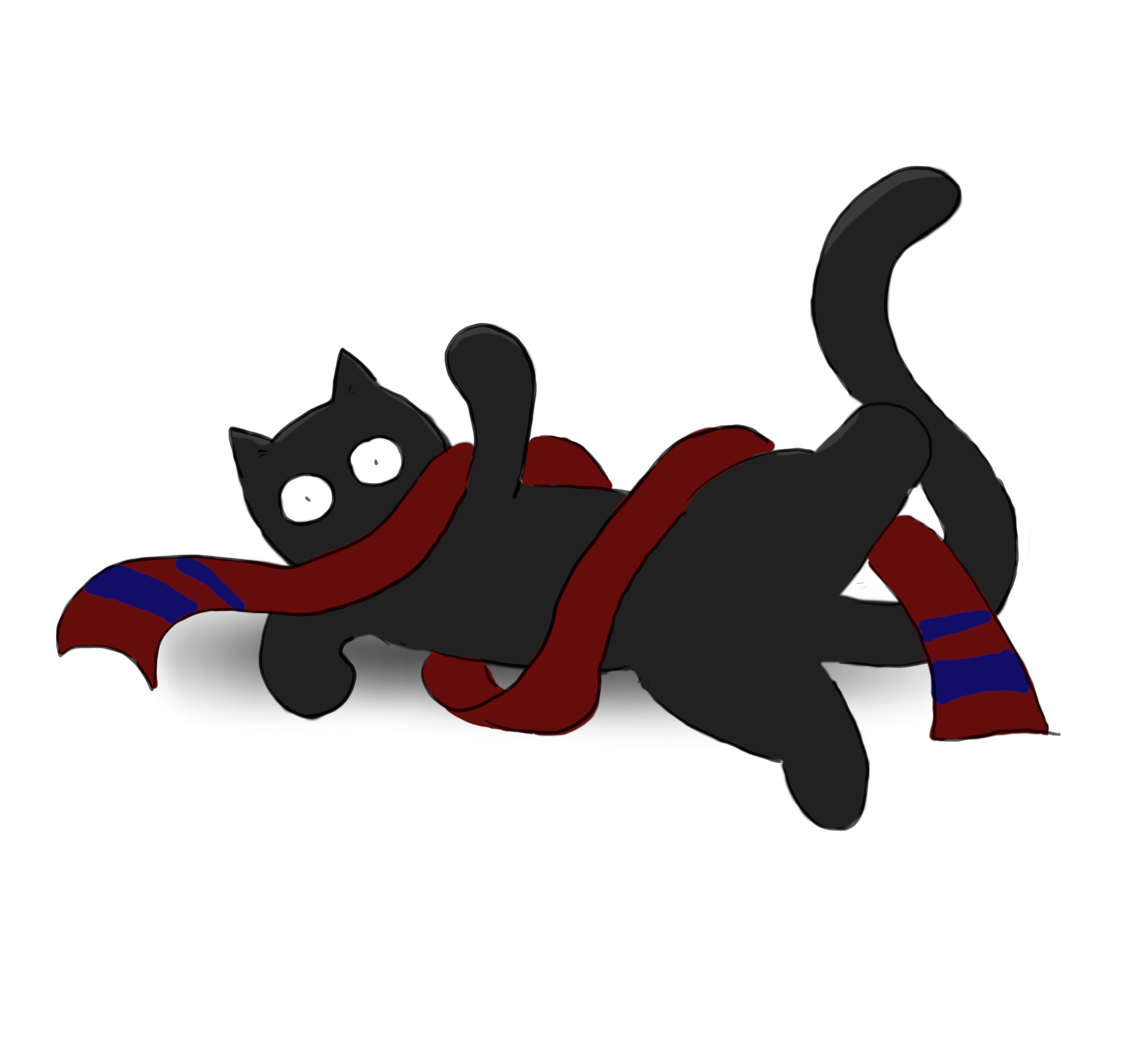 A cartoon of a black cat tangled up in a red and blue scarf.