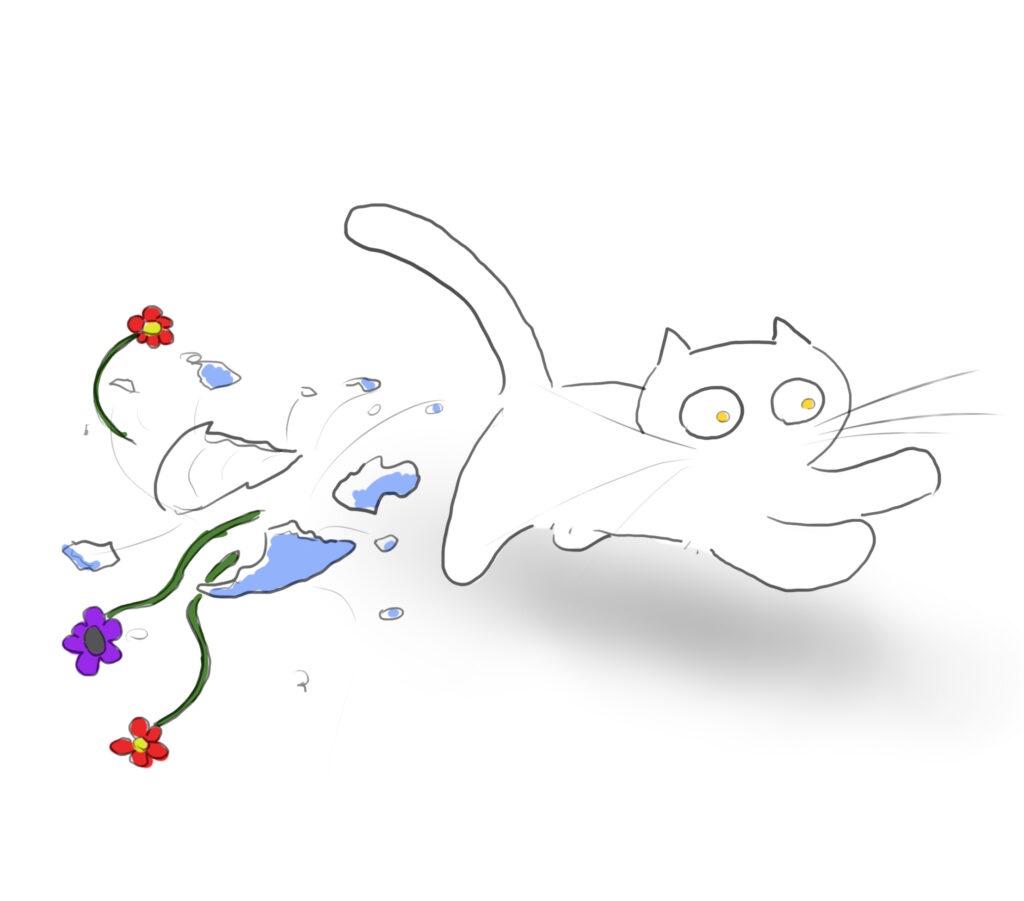 A cartoon of a white cat running away from a vase mid-smash.