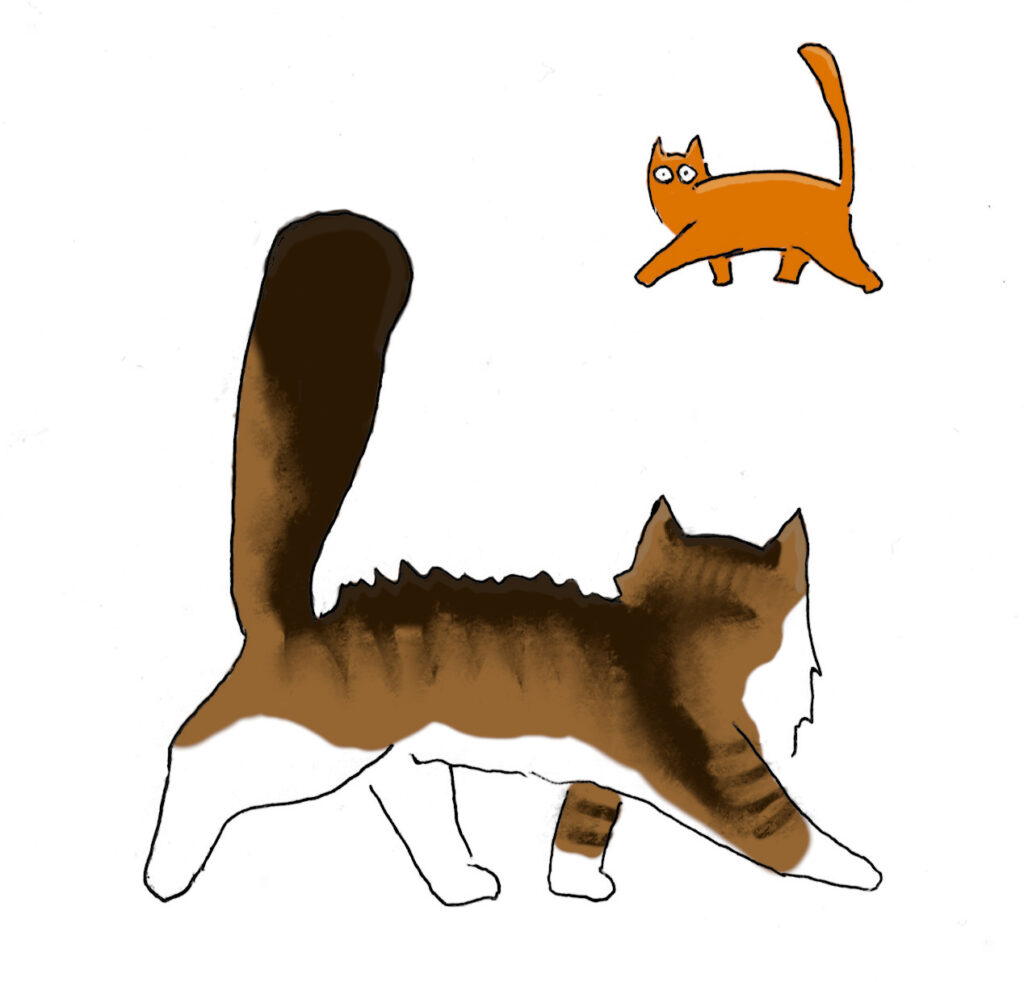 A cartoon of a tabby and white cat pacing opposite to an orange cat, as though circling each other.