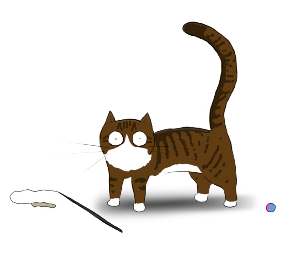 A cartoon of a tabby and white cat surrounded by cat toys.