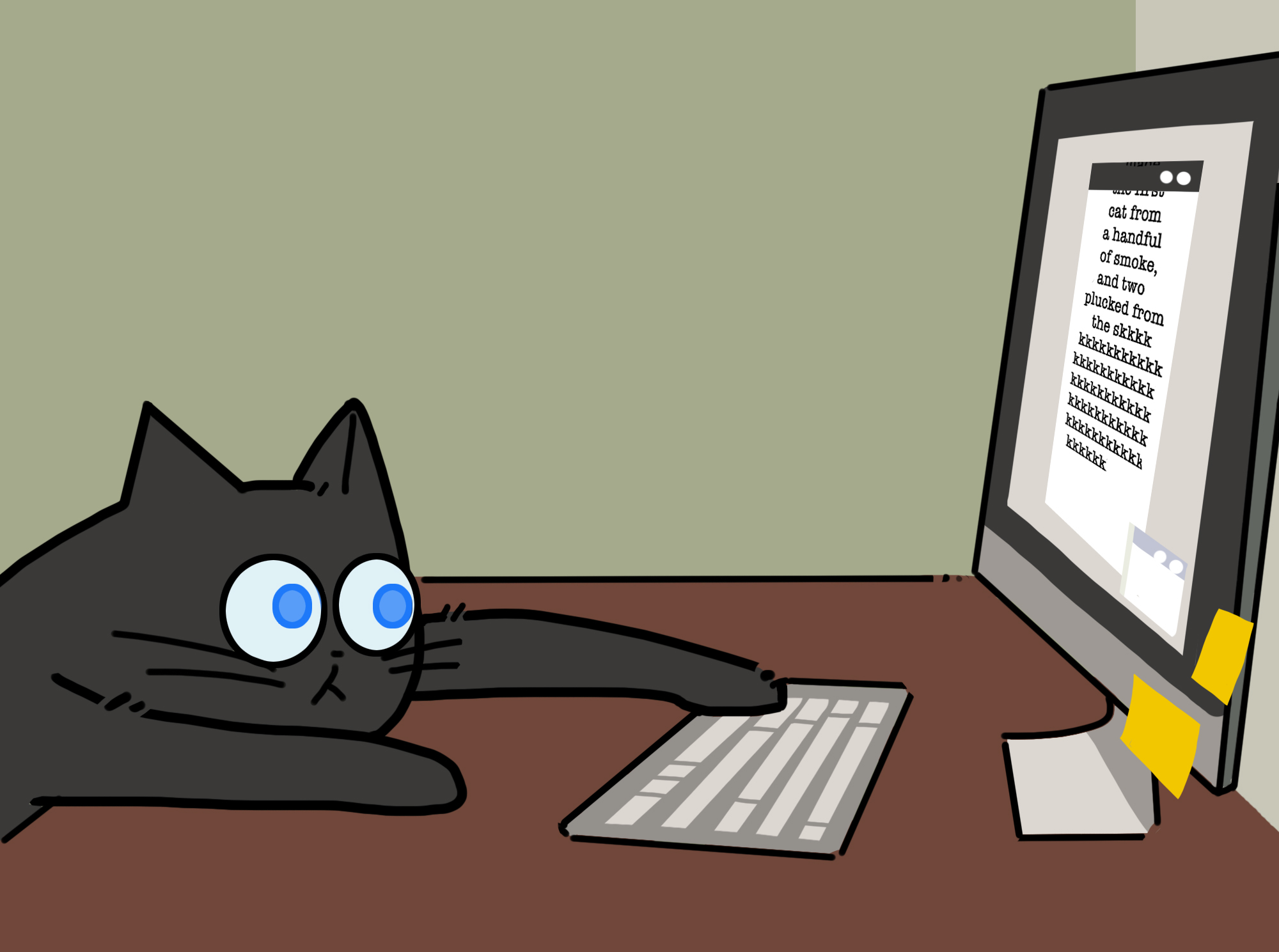 A cartoon of a black cat with blue eyes reaching out to press keys on a keyboard. In front of it is a computer screen of nonsense.