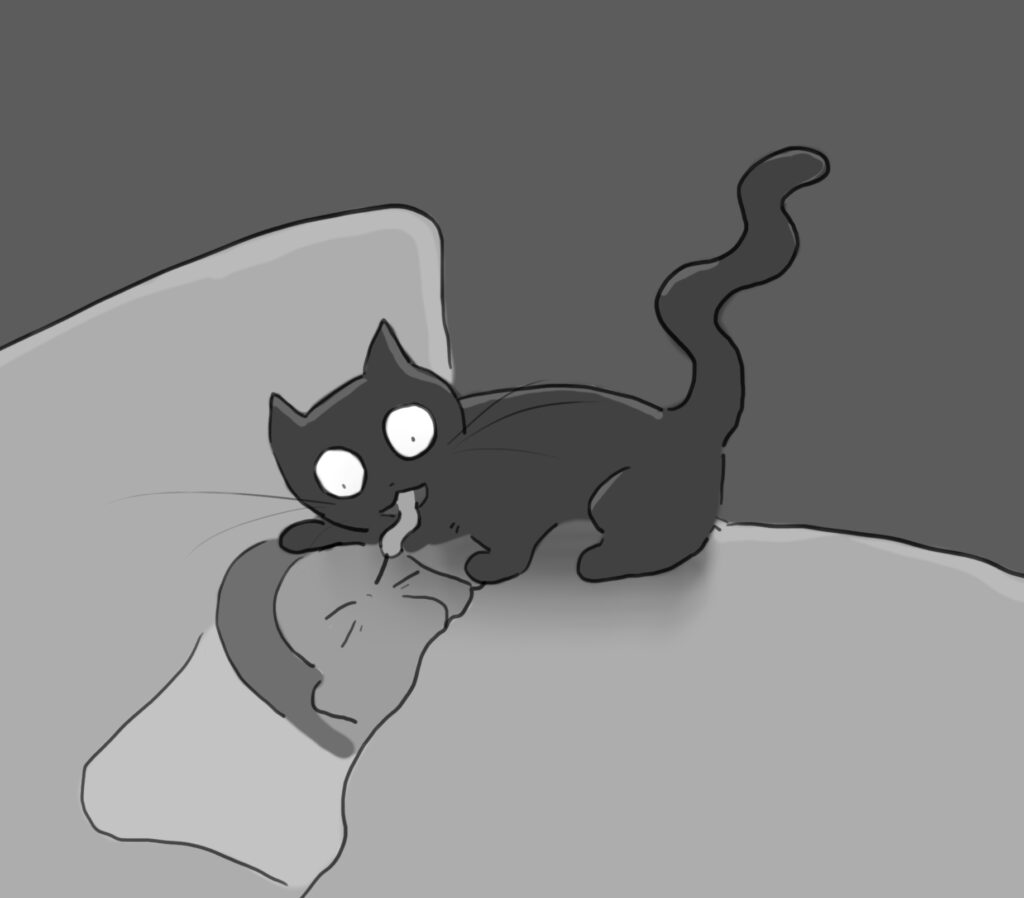 A cartoon of a black cat licking a person's eyebrows in bed, in the middle of the night.