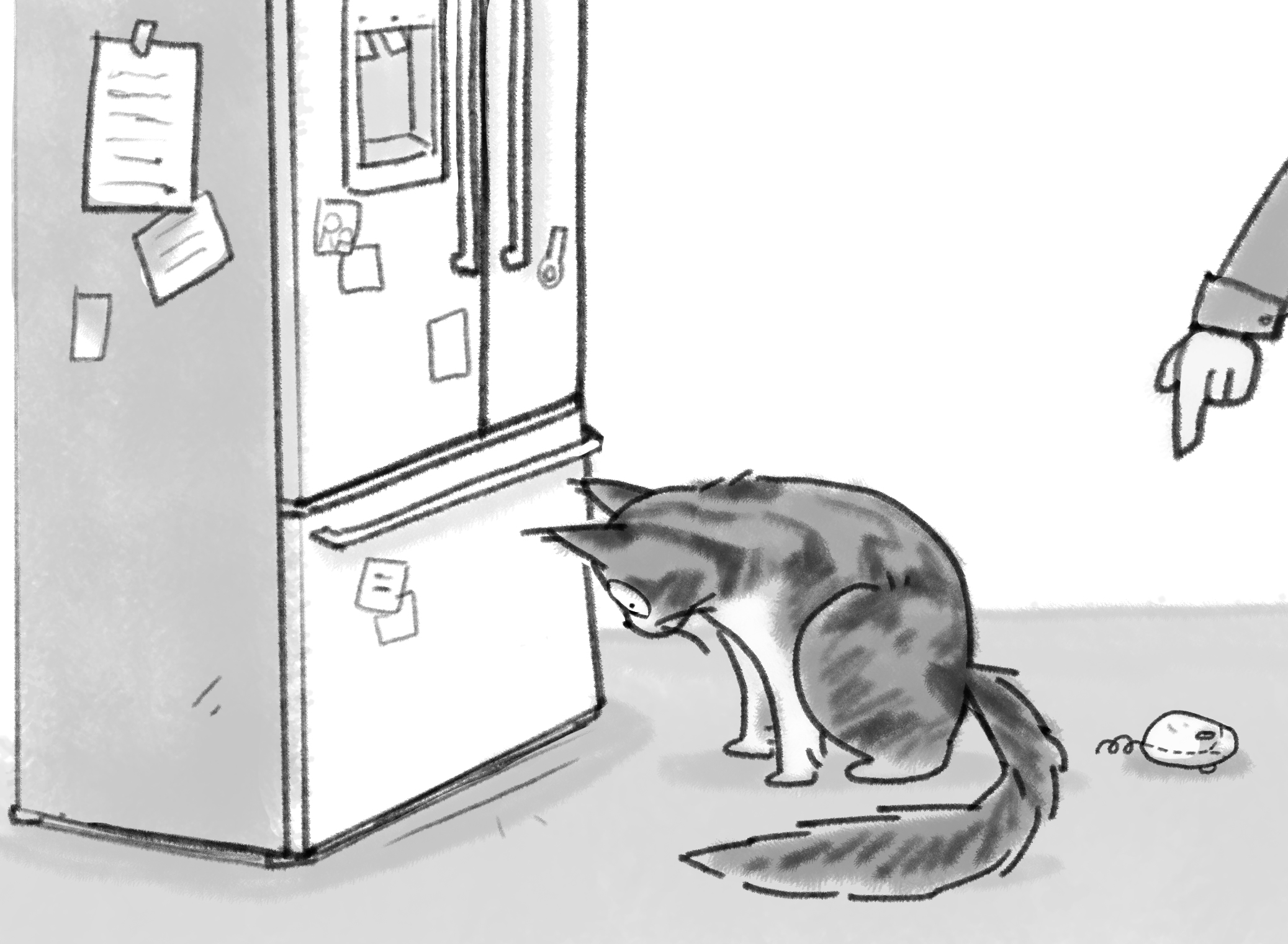 A cartoon of a tabby and white Maine Coon cat staring at the gap under a fridge, while someone points at a cat toy right behind him.