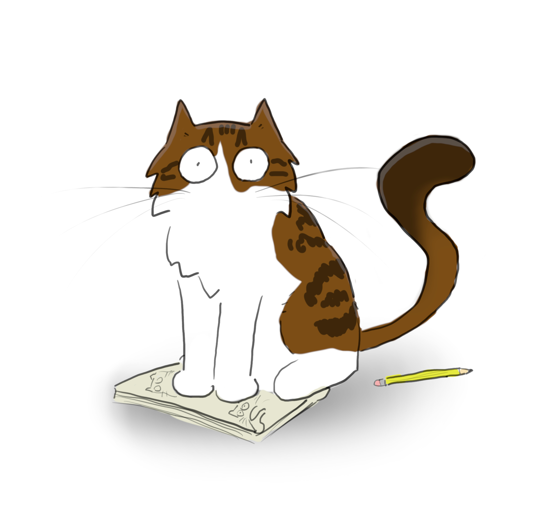 A cartoon of a tabby and white Maine Coon cat standing on a notepad covered in cat sketches.