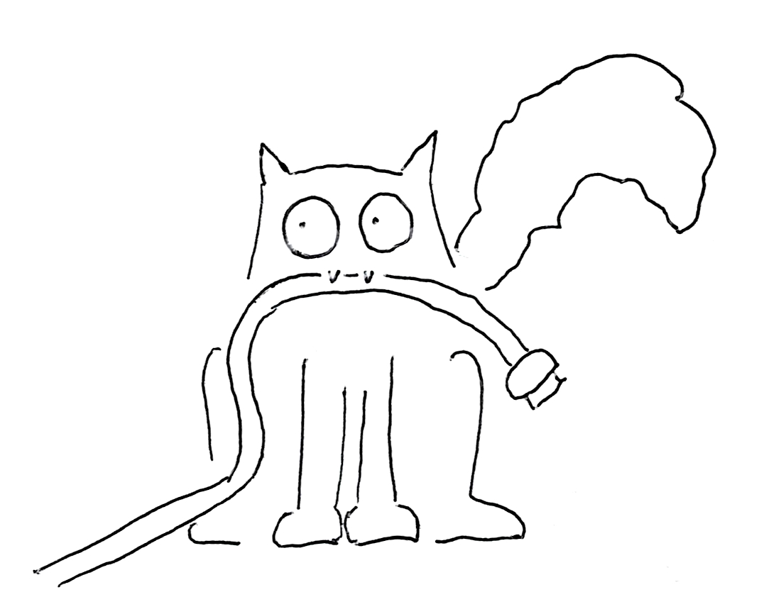 A cartoon of a cat with a electrical plug in its mouth.