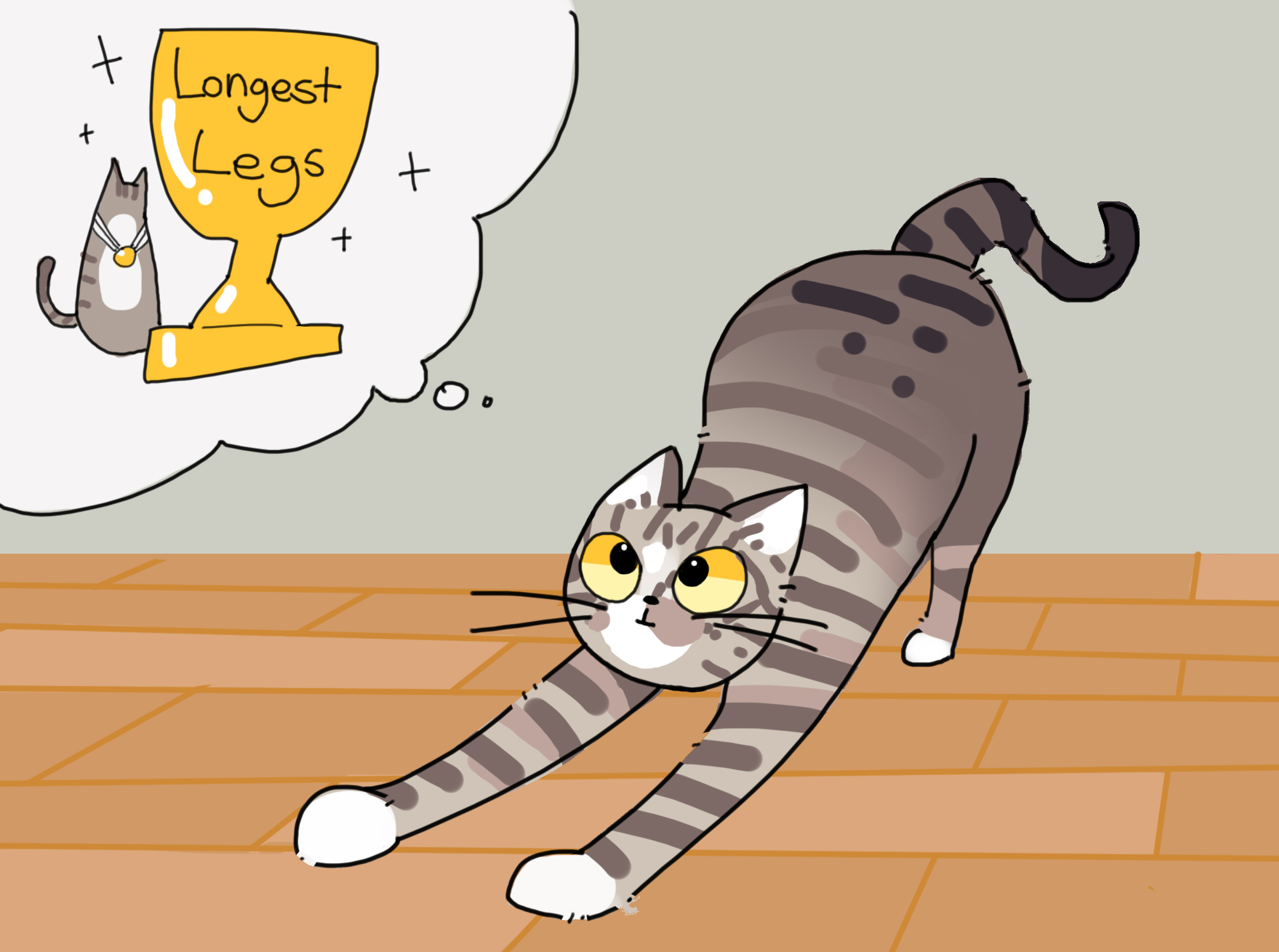 A cartoon of a tabby cat with white socks stretching out its front legs very very long, and dreaming of a trophy for longest legs.