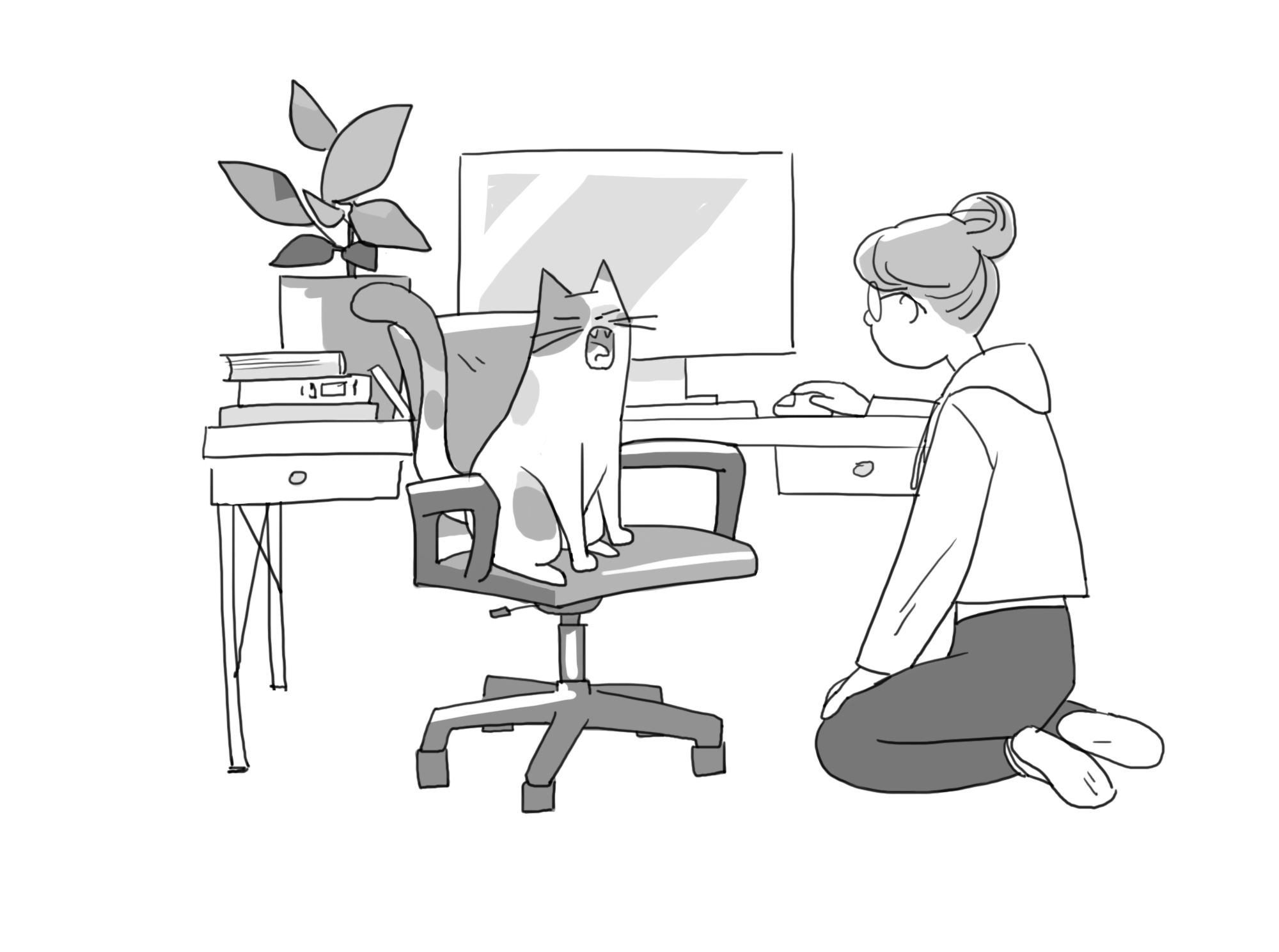 A cartoon of a tricolour cat sitting and yawning on an office chair while a person in glasses kneels on the floor to continue working at the desk behind them.