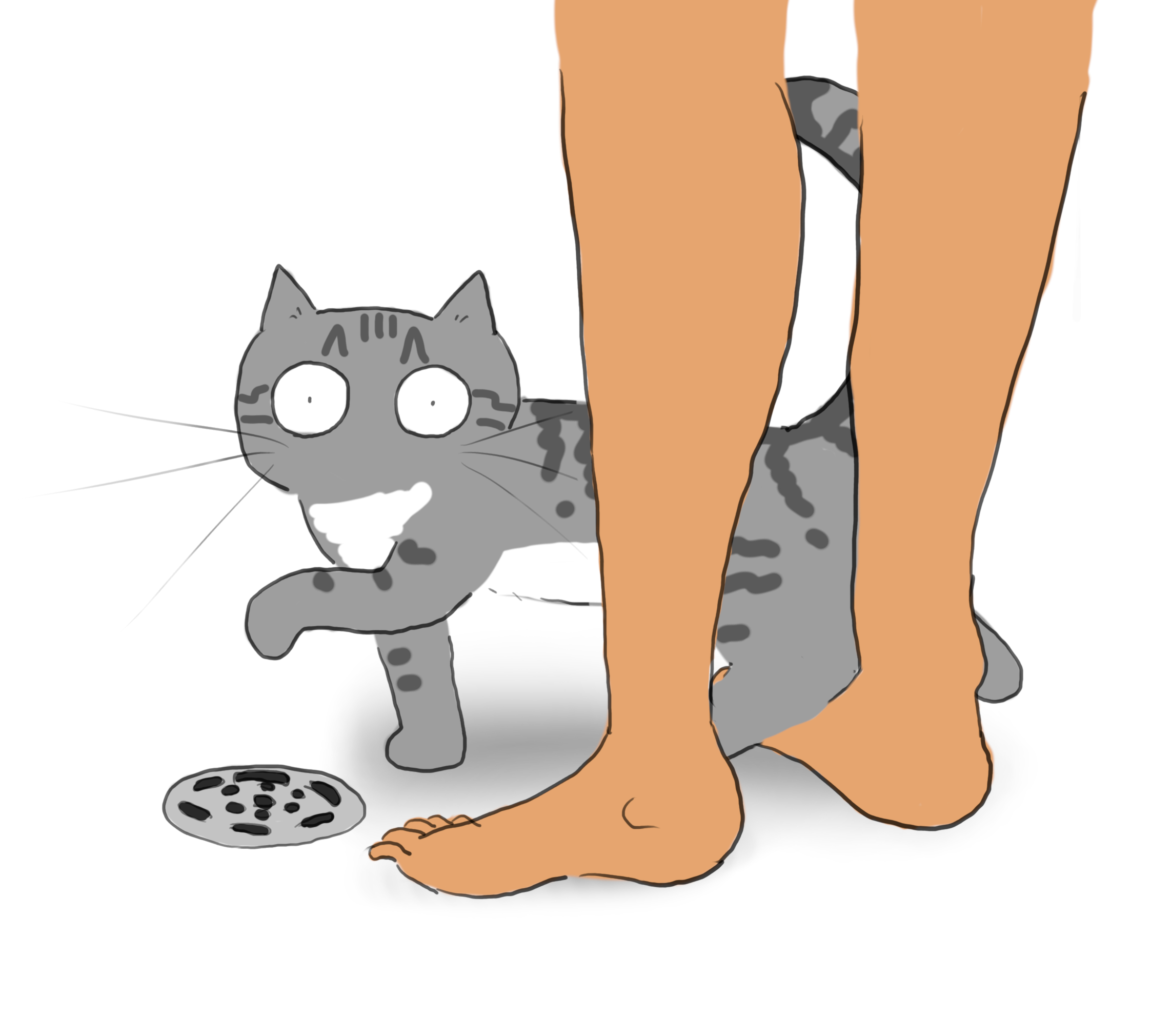 A cartoon of a silver tabby cat wending its way between someone's legs in the shower.