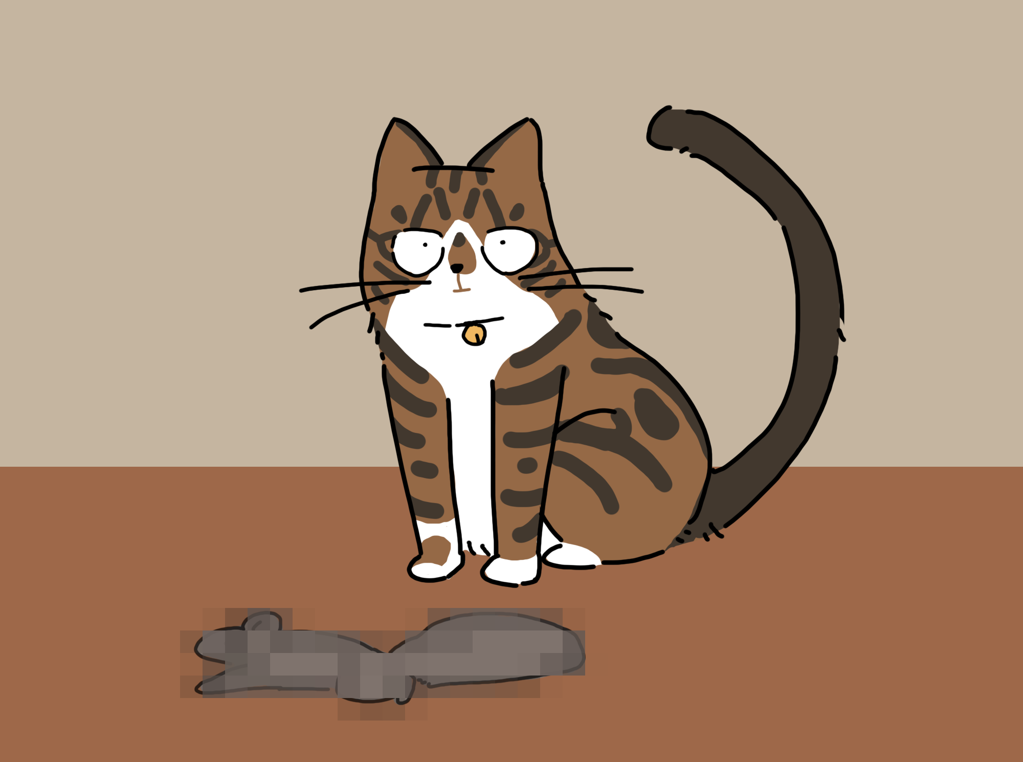 A cartoon of a tabby and white cat standing over a pixelated dead squirrel.