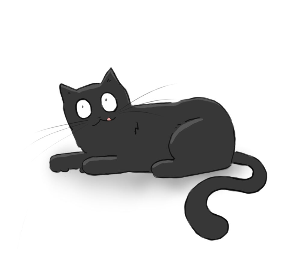 A cartoon of a black cat sitting politely and licking his lips.