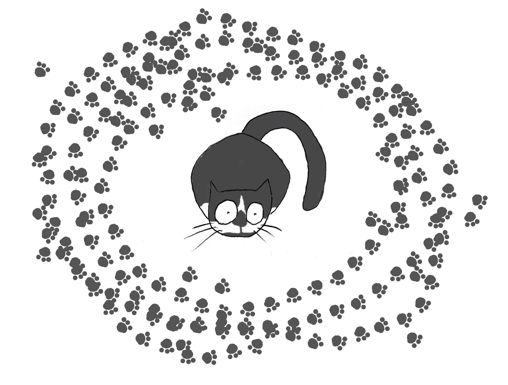 A cartoon of a black and white cat surrounded by a big circle of cat paw prints.