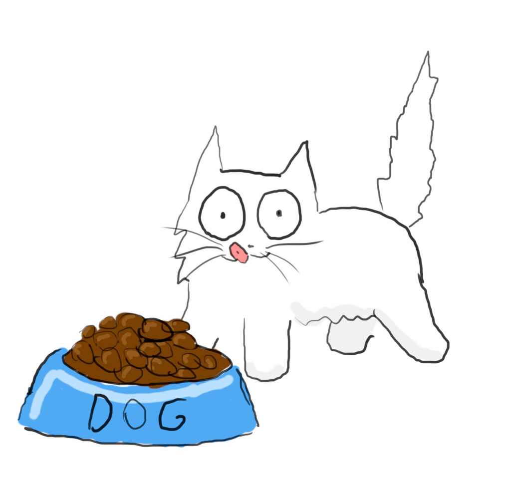 babette A cartoon of a white kitten eating from a big blue dog bowl.