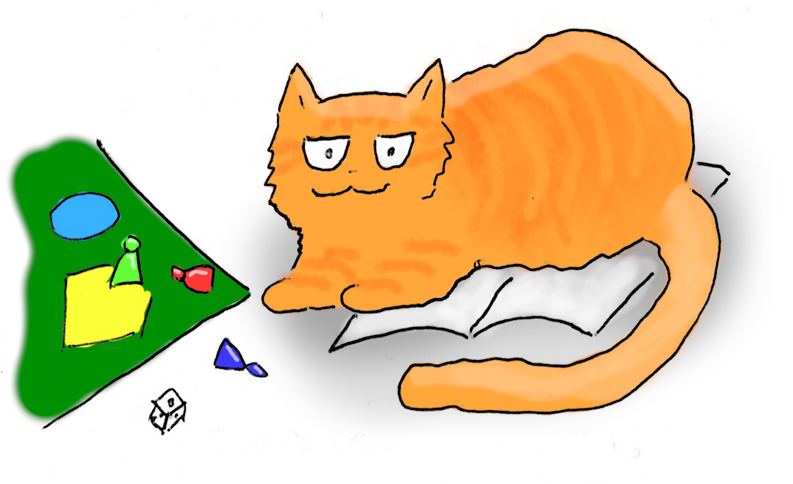 A cartoon of an orange cat helpfully siting on the instructions next to a colourful board game.