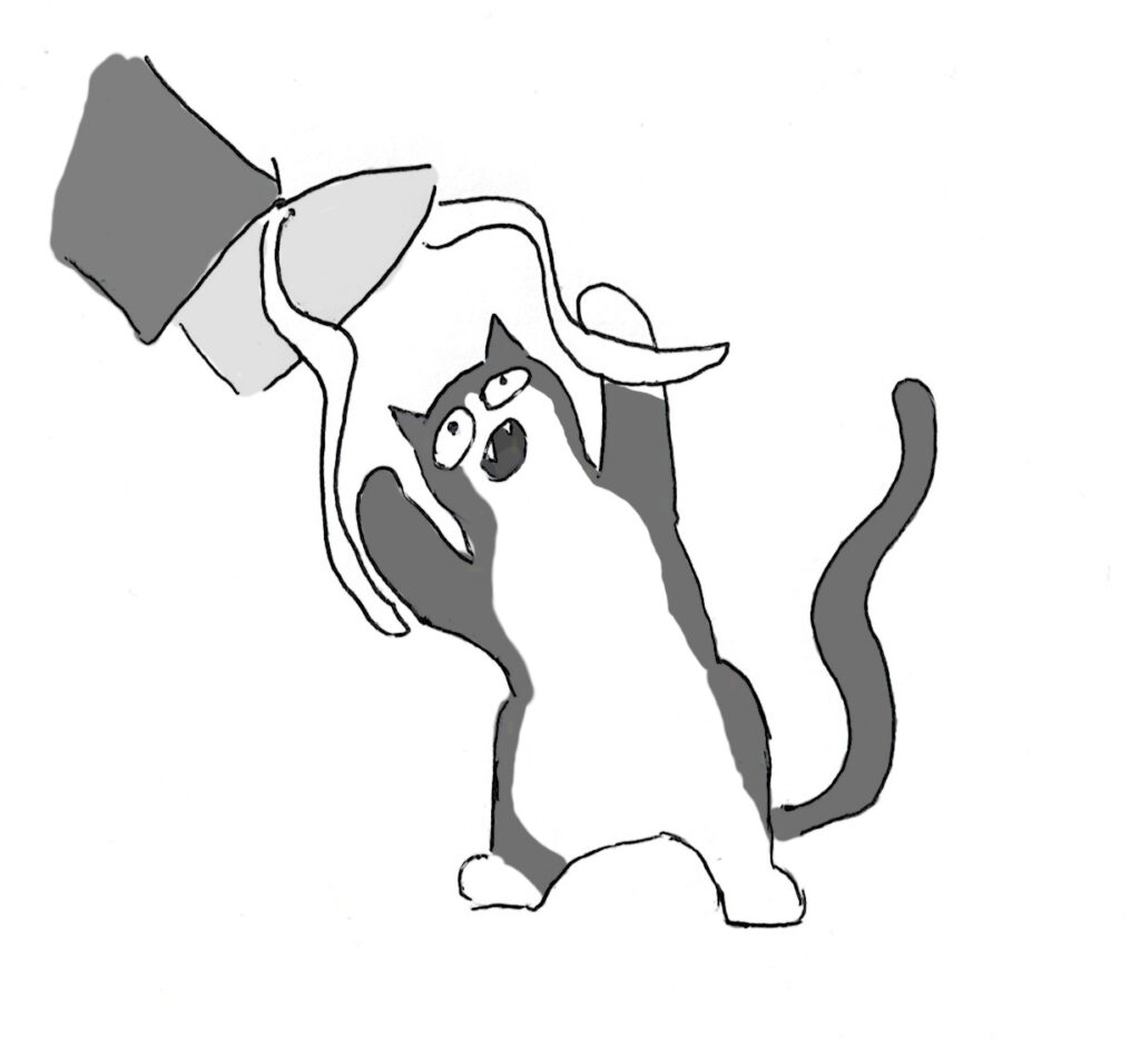 bear_shaded A cartoon of a black and white cat playing with someone's shoelaces as they attempt to put on their shoe.