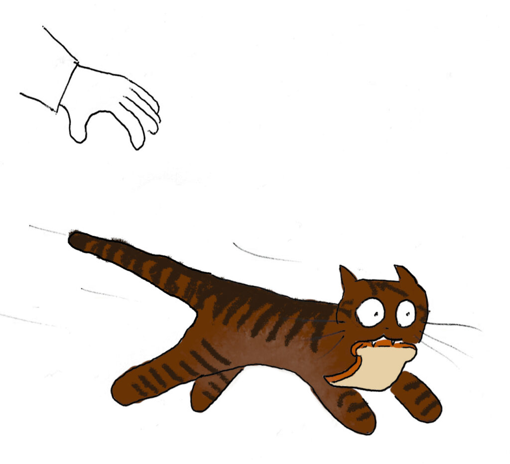 A cartoon of a tabby cat running from a hand, with a piece of bread in its mouth.