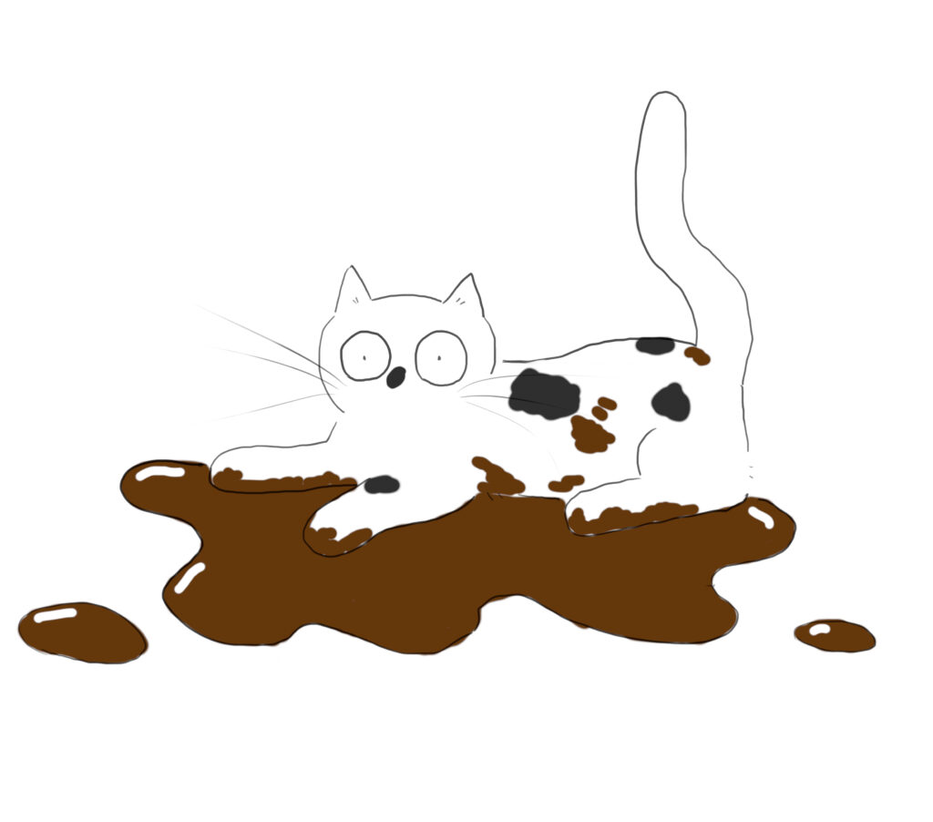 A cartoon of a white cat with black spots, playing around in a puddle of mud.