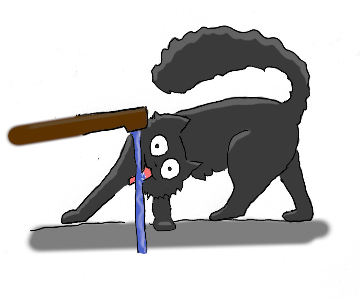A cartoon of a black cat standing next to a sink and contorting herself to drink from the tap.