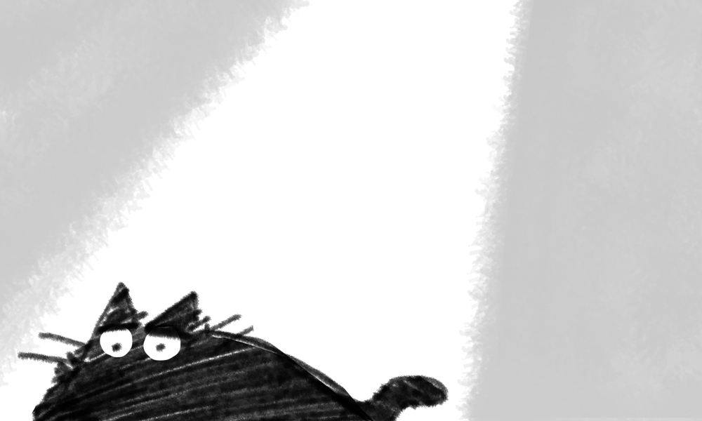 A cartoon of a black blob of cat under a ray of sunshine.