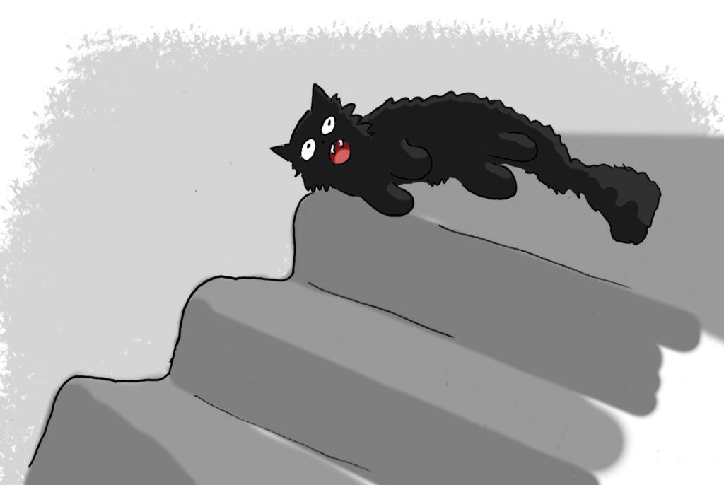 bumble_on_stairs_shaded A cartoon of a black cat meowing while lying on her side at the top of some stairs.
