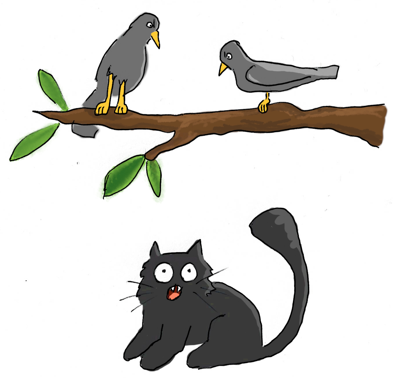 A cartoon of a black cat shouting up at birds in a tree.