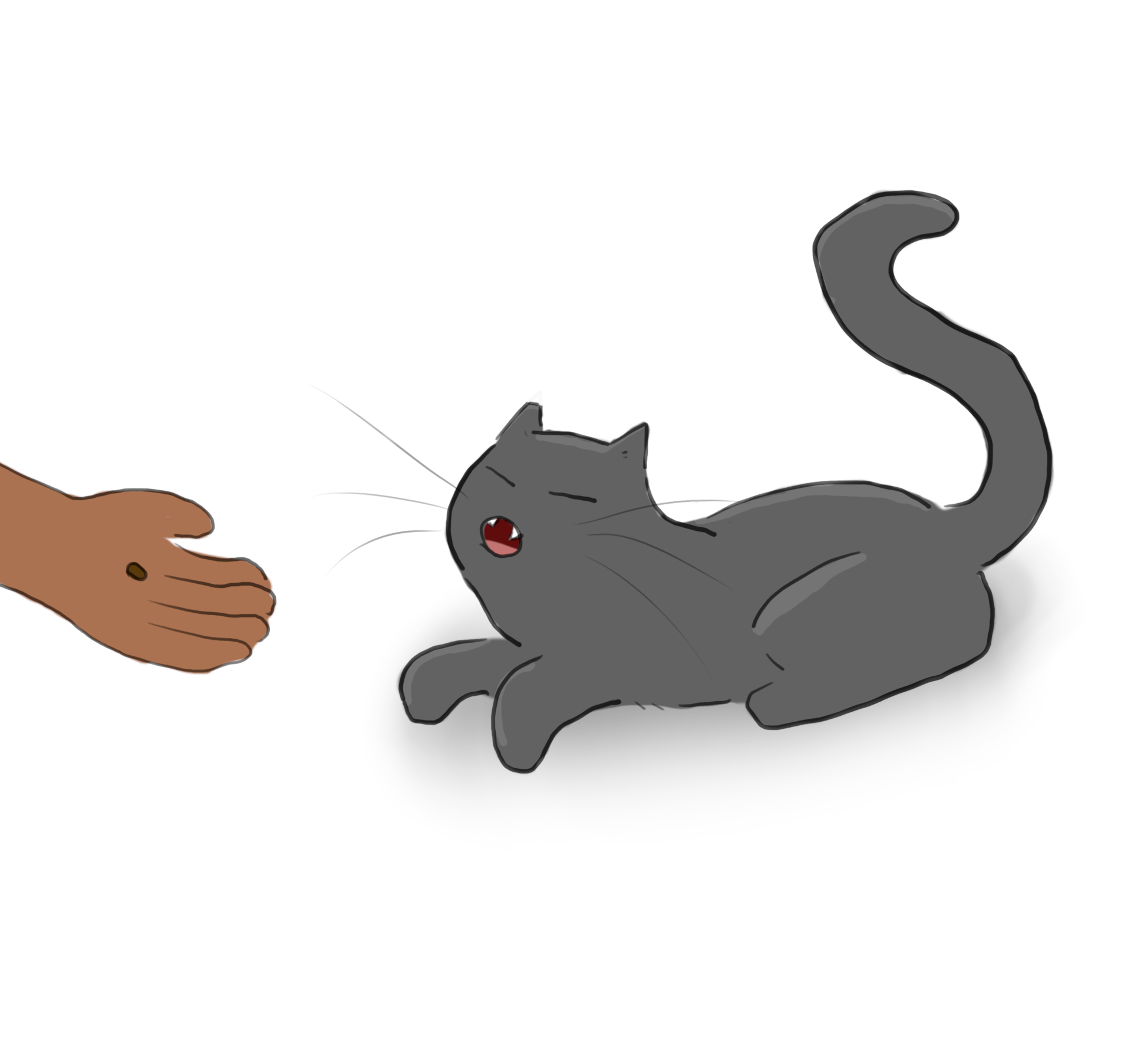 A cartoon of a grey cat yawning while someone offers him a treat.