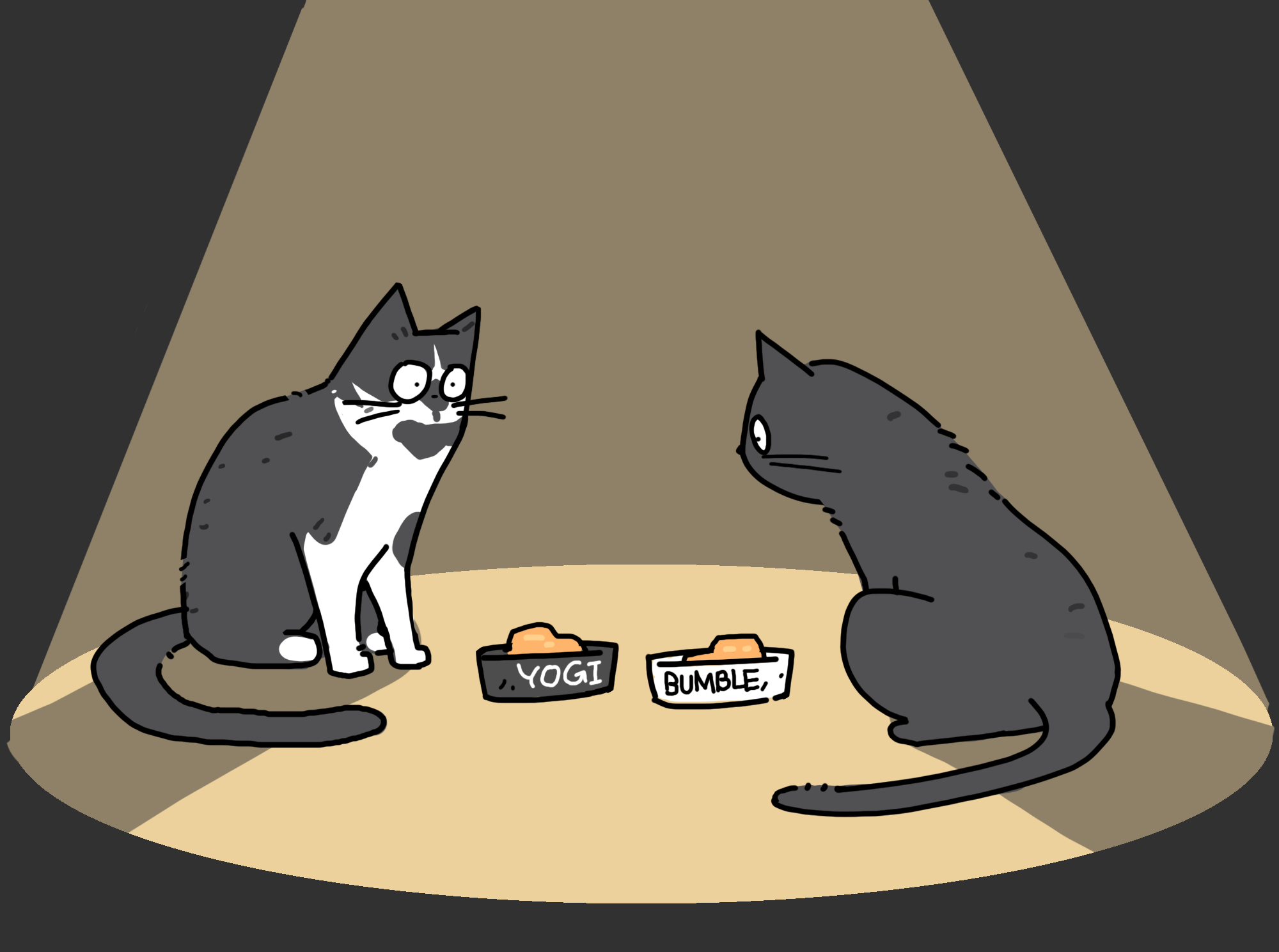 A cartoon of a black and white cat and a black cat staring at each others food bowls.