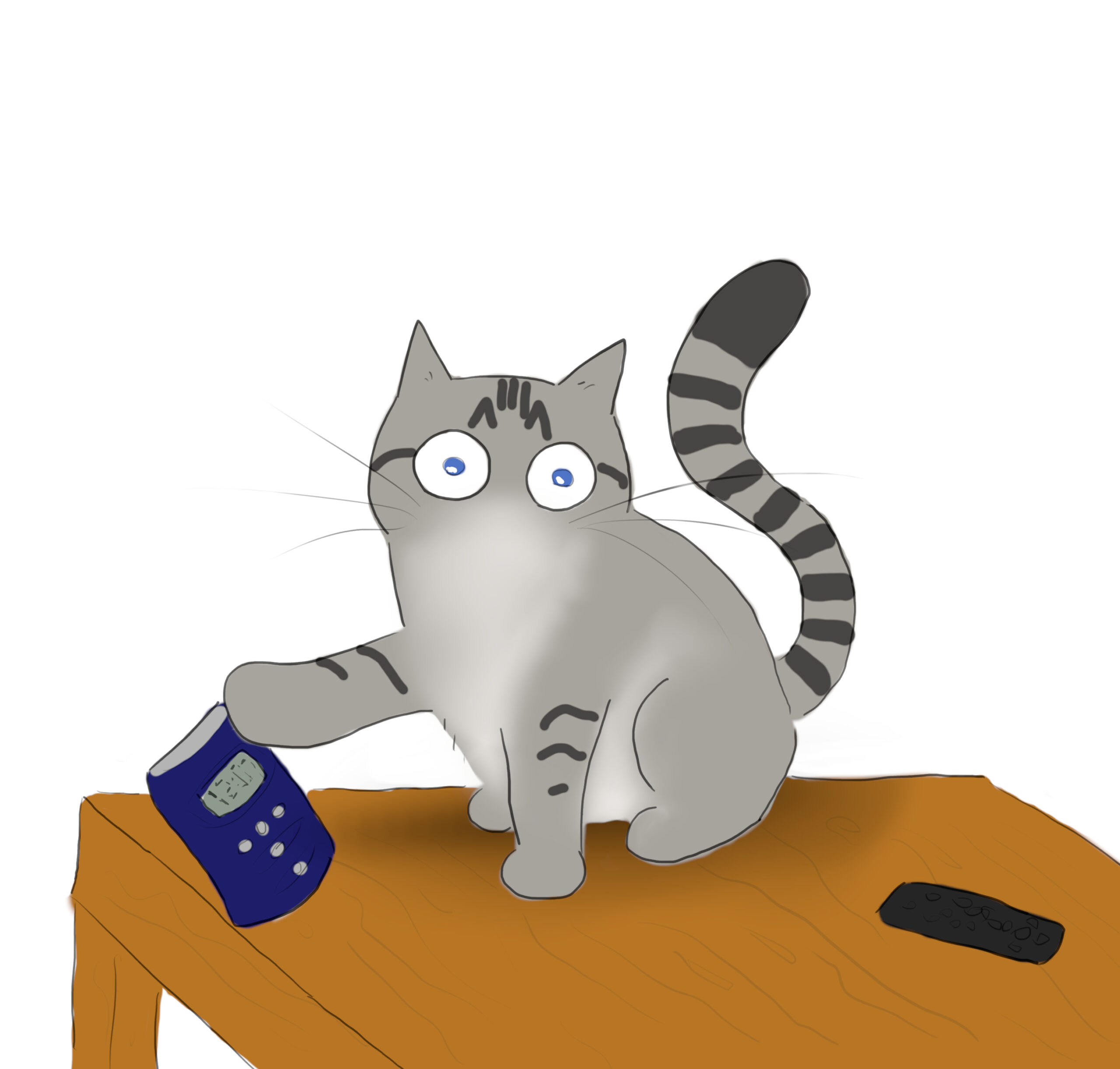 A cartoon of a blue-eyed grey tabby cat pushing a clock off of a small table.