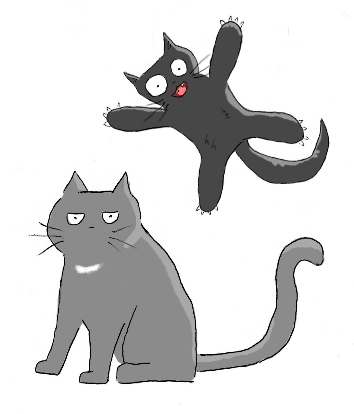 A cartoon of a black kitten leaping onto the back of an annoyed grey cat.