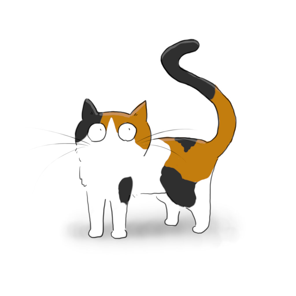 A cartoon of a very innocent looking tri-colour cat.