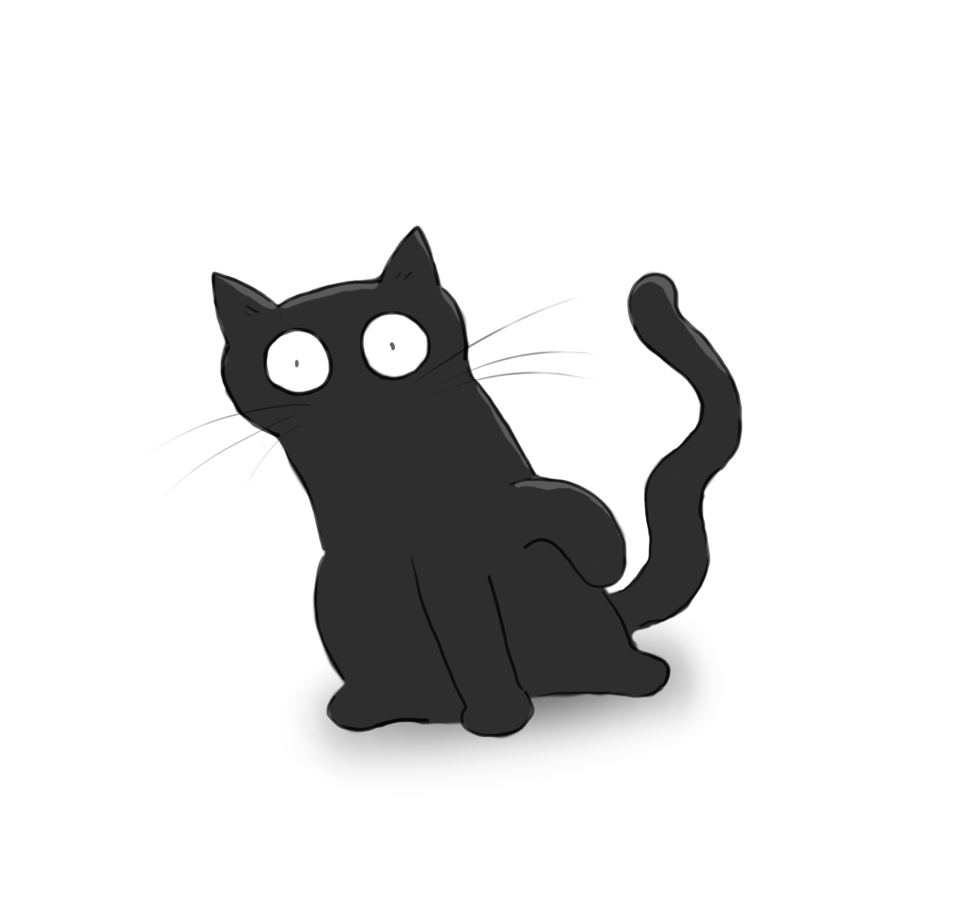 A cartoon of a black cat paying great attention to things off the page.
