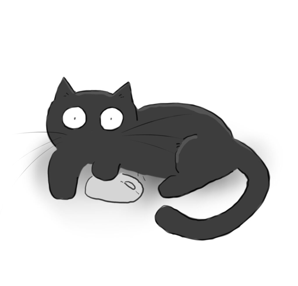 A cartoon of a black cat holding a computer mouse protectively.