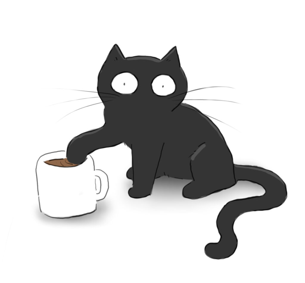 doug_tea A cartoon of a black cat sticking his paw into a cup of tea.