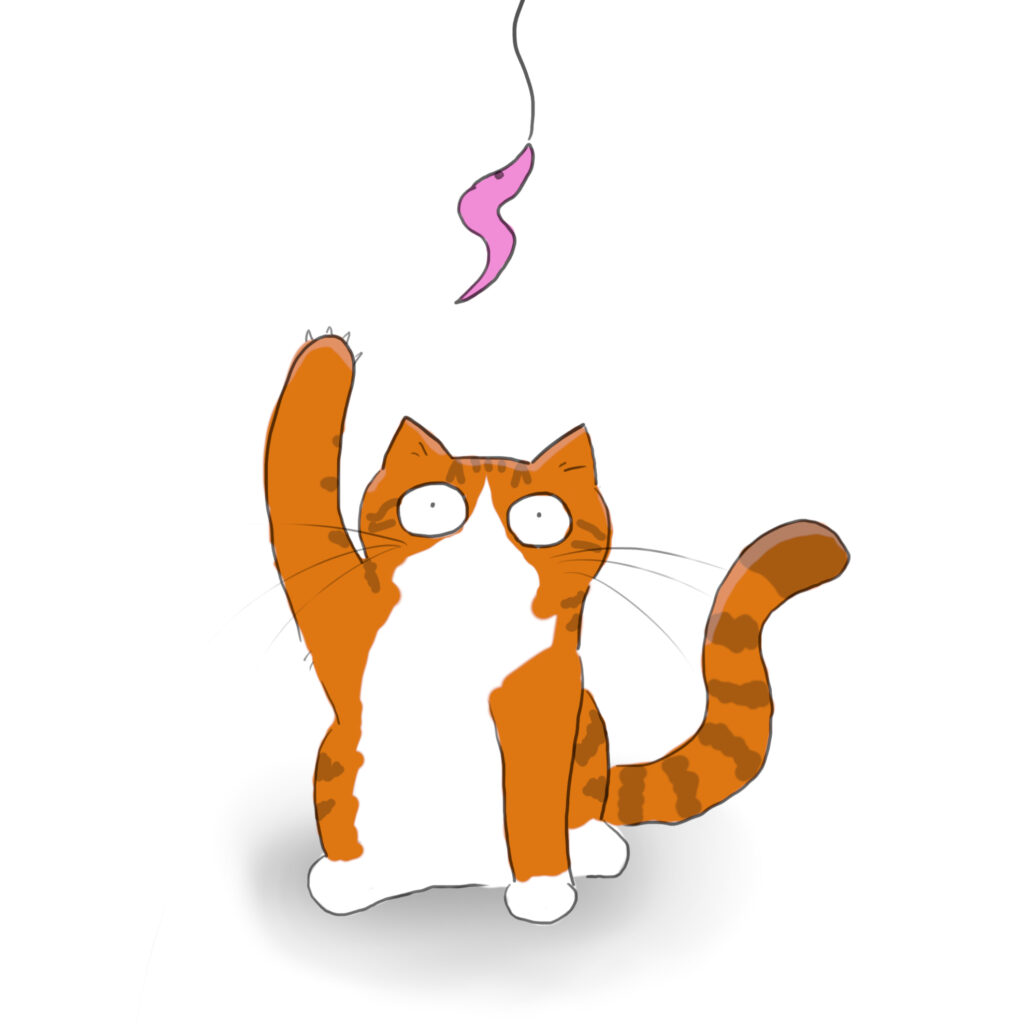 A cartoon of an orange and white cat playing with a pink fuzzy worm toy.